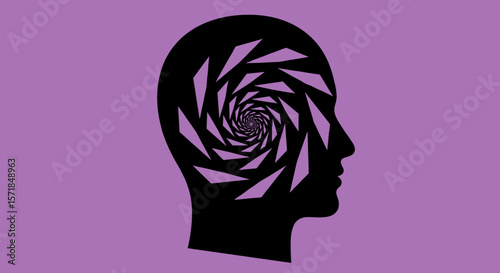 Human head with black spiral on purple background for mental concepts