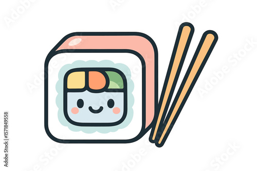 Cute sushi character with smiling face, colorful toppings, and chopsticks on the side