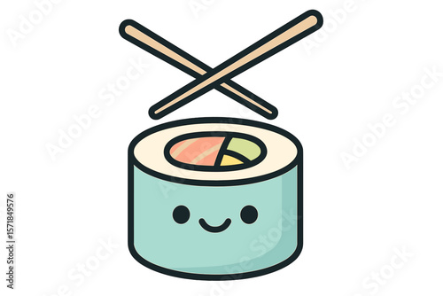 Cute sushi character with chopsticks crossed above in a colorful design