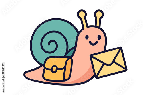 Cute cartoon snail delivering mail with a cheerful expression in a playful illustration style