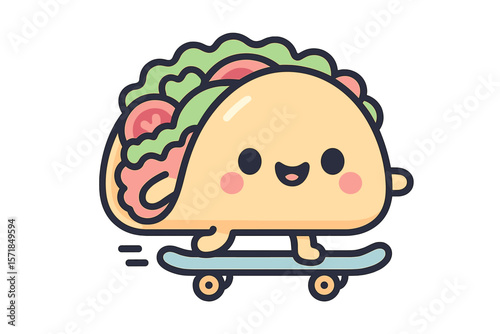 Taco character on skateboard in playful urban setting with vibrant colors and cheerful design