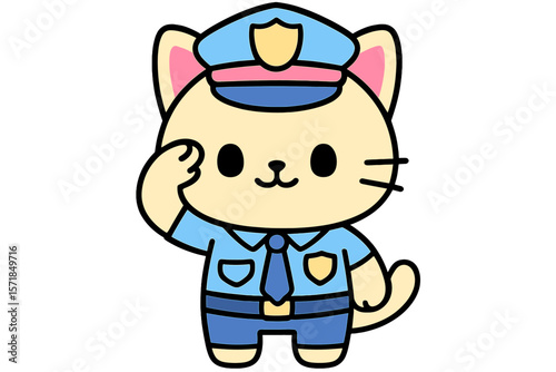 Cute cartoon cat in police uniform saluting with a smile in a playful setting at a sunny park