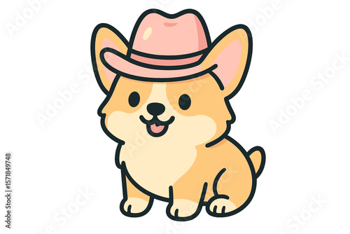 Corgi wearing a pink cowboy hat smiles cheerfully in a playful cartoon setting with bright colors