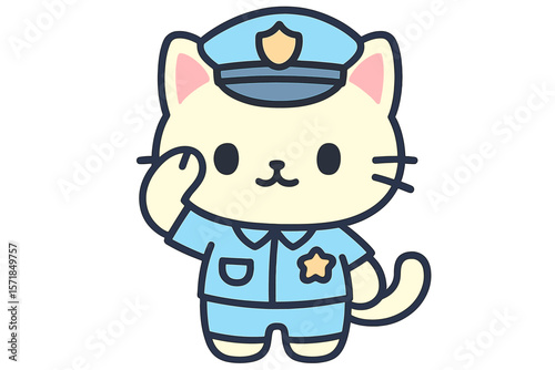 Cute cartoon cat in police uniform saluting in a bright artistic style