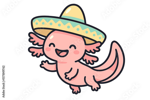 Cute cartoon axolotl wearing a sombrero smiles joyfully while waving in a playful and vibrant illustration