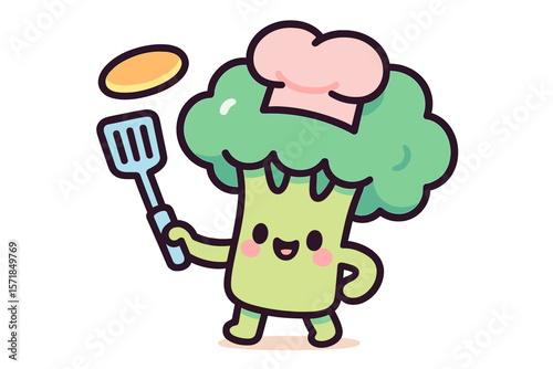 Cute broccoli character wearing a chef hat happily flipping a pancake with a spatula in a colorful kitchen setting