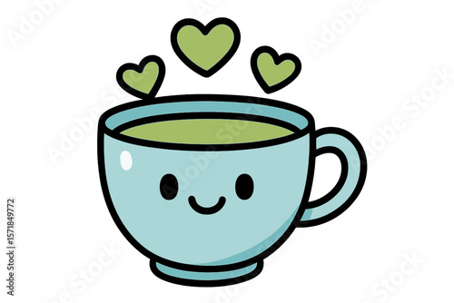 Cute smiling cup with hearts floating above, representing happiness and warmth from a comforting drink