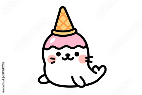 Cute cartoon seal wearing an ice cream cone hat sitting happily on a white background