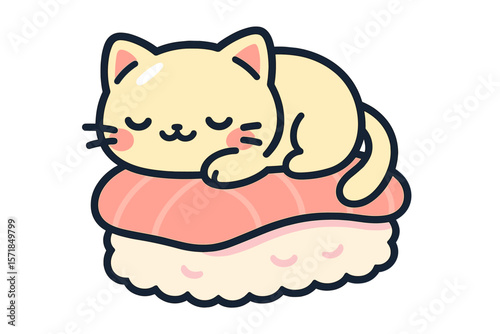 Cute cartoon cat sleeping on sushi in a colorful, playful design