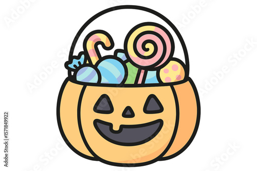 Colorful Halloween candy bucket with assorted treats ready for trick-or-treating in celebration of the spooky season