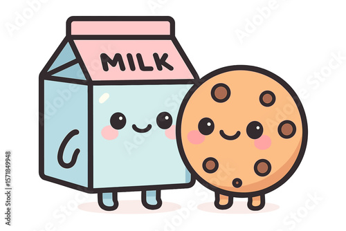 Cute cartoon milk carton and smiling cookie character standing together in a playful setting, showcasing friendship and fun
