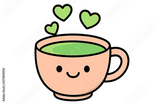 Cute cartoon cup of green tea with heart-shaped steam rising, perfect for conveying warmth and comfort during tea time