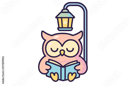 Cute owl reading a book under a street lamp at night in a cozy setting