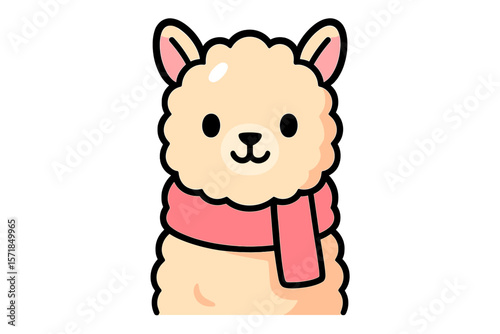 Cute cartoon llama wearing a pink scarf in a playful illustration style
