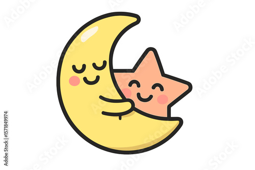 Cute moon and star illustration featuring smiling expressions and a friendly embrace in a whimsical design