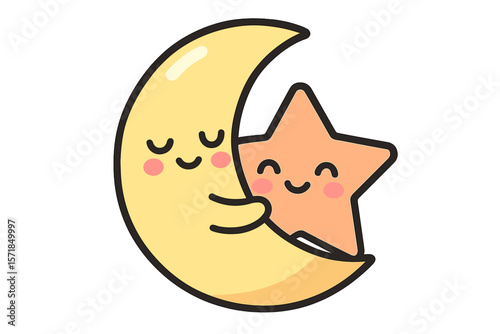 Cute illustration of a moon and star embracing each other in a cheerful design for a joyful night sky theme