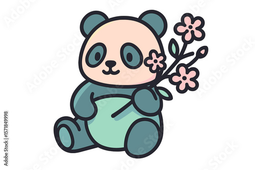 Cute panda holding a branch of flowers with a cheerful expression on a bright background