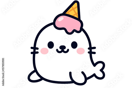 Cute seal character wearing an ice cream cone hat, designed in a playful and colorful style, perfect for children's illustrations