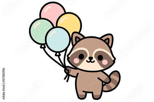 Cute raccoon holding colorful balloons in a joyful outdoor setting during a sunny day