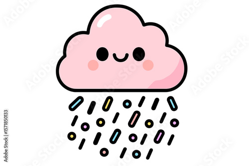 Cute pink cloud character with a smiling face and colorful raindrops in a bright, cheerful design for children's illustrations