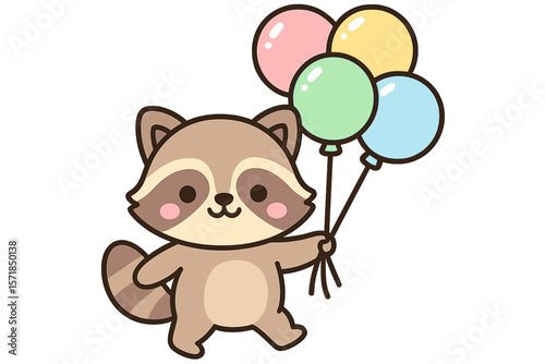 Cute raccoon character holding colorful balloons in a cheerful, whimsical style