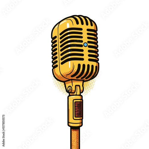 Vibrant pop art yellow microphone with dynamic shapes, isolated on white background, concept of music, entertainment and creativity.