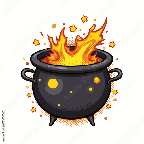 Vibrant pop art cauldron glowing with fiery colors and dynamic shapes, isolated on white, Halloween and magical concept.