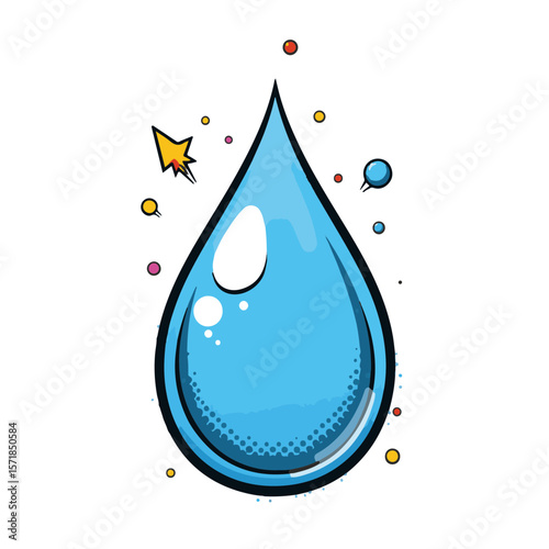 Vibrant blue water drop with dynamic shapes, isolated on white, pop art style concept of creativity and design, artistic agencies, graphic design.