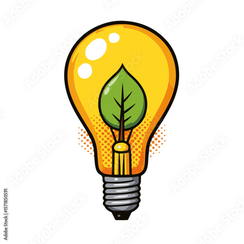Vibrant pop art light bulb with leaf design featuring bold yellow and green colors, isolated on white background, eco-friendly concept of sustainability, graphic design.