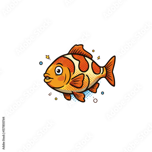 Vibrant playful orange fish swimming in a dynamic pop art style, isolated on white background, concept of marine life and creativity.