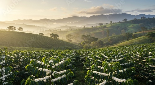Springtime coffee plantation in bloom in Costa Rica with misty mountains and soft morning light – peaceful scenery, agricultural theme