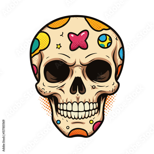 Colorful pop art skull design with playful shapes isolated on white background, concept of vibrant art and graphic design.