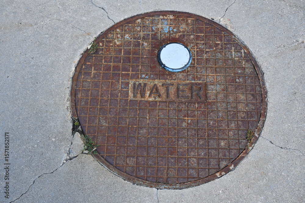 Manhole for water utility access. Water stamped in the cast iron. Cracked cement around manhole. Manhole for water utility access. Water stamped in the cast iron. Cracked cement around manhole.