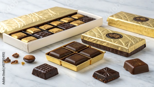 An assortment of chocolates in boxes and loose on a marble surface, gold foil accents present