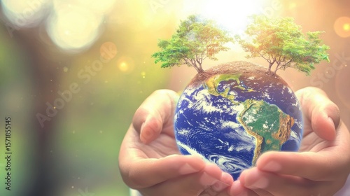 World Environment Day, Hands Cradling A Small Earth With Trees Growing From It Under Soft
