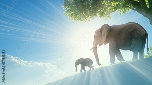 World Environment Day, Majestic Elephants Grazing Under Sunlight with Bright Sky and
