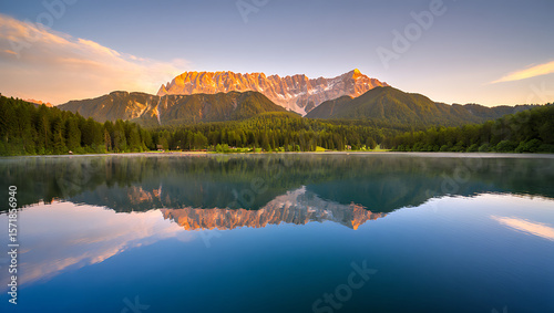 Golden light bathes the Zugspitze mountains reflected in the tranquil waters of a Bavarian lake at sunrise, surrounded by a lush green forest