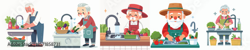 vector character of grandfather washing vegetables