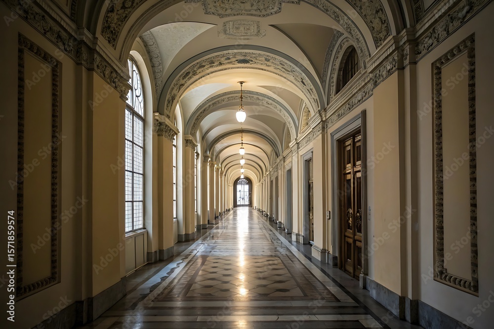 Obraz premium Elegant Palace Corridor with Ornate Archways, Marble Floor, and Sunlight Streaming Through Windows