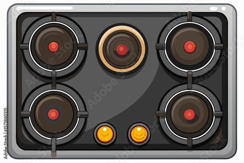 vector of Top view of black glass electric stove with four burners and four knobs for control on white background.