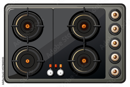 vector of Top view of black glass electric stove with four burners and four knobs for control on white background.