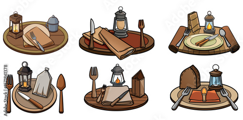 hand drawn set of rustic place setting with wooden utensils, linen napkins, and a small lantern separate on white.different objects