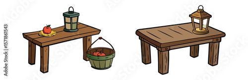 A rustic table and a small lantern separate on white.