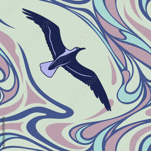 Seagull Flying Over Psychedelic Swirls: A seamless pattern featuring a seagull flying over abstract psychedelic swirls in pastel ocean hues. Perfect for summer, coastal, and creative designs.