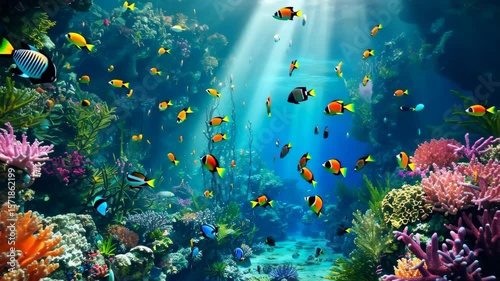 Underwater Paradise: Vibrant coral reefs teem with a kaleidoscope of colorful fish, basking in the warm embrace of sunlight, a captivating underwater scene, showcasing the beauty of marine ecosystem.