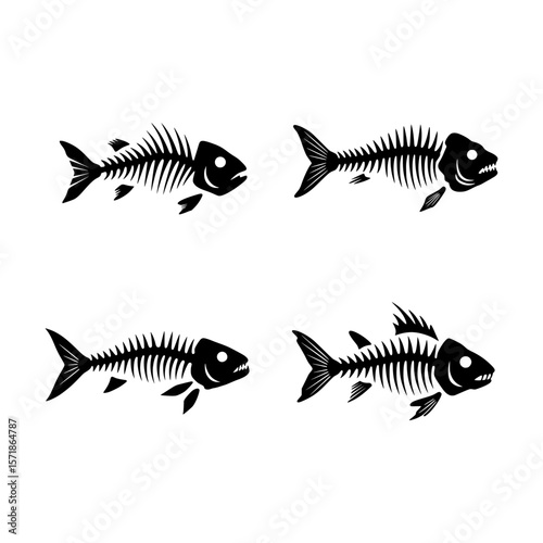 Minimalist Black Fish Skeleton Silhouettes Representing Anatomy, Marine Life, and Mortality in Simple Graphic Forms