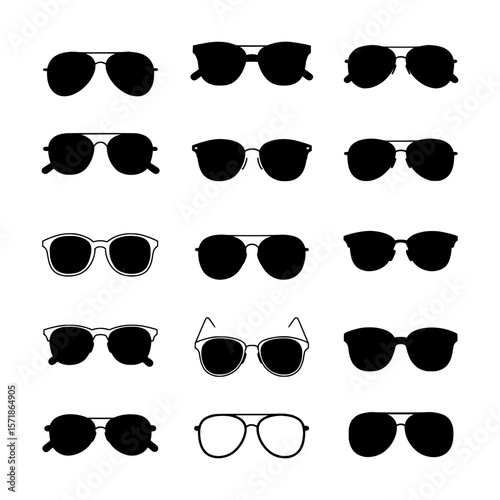 Diverse Collection of Minimalist Black Sunglasses Silhouettes Representing Style, Protection, and Eyewear Fashion in Simple Graphic Forms