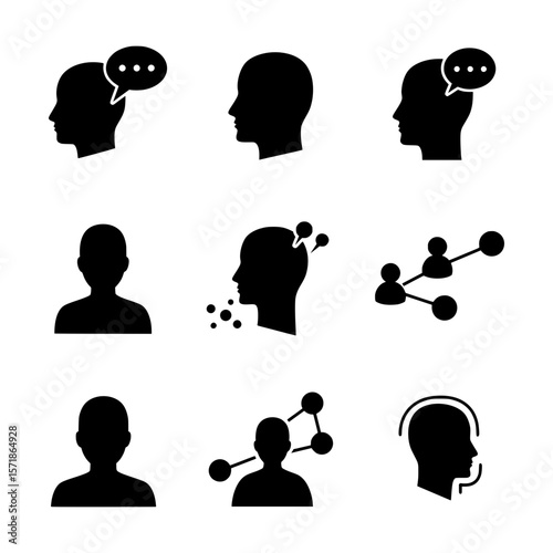 Minimalist Black Head Silhouettes Representing Thoughts, Communication, and Social Connection in Simple Graphic Forms