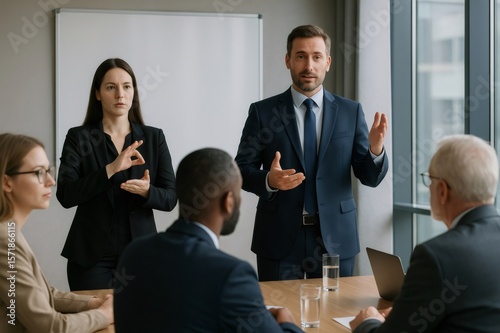 Professionals in a boardroom engage in a meeting, with a sign language interpreter facilitating communication for inclusive collaboration