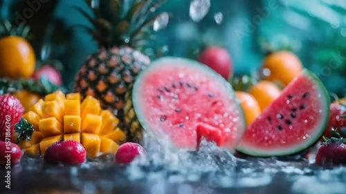 Fruit salad with water droplets and ice